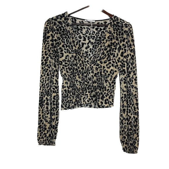 Zara Crop Top Womens Medium Animal Print Ribbed Deep V Neck Long Sleeve - Picture 1 of 6